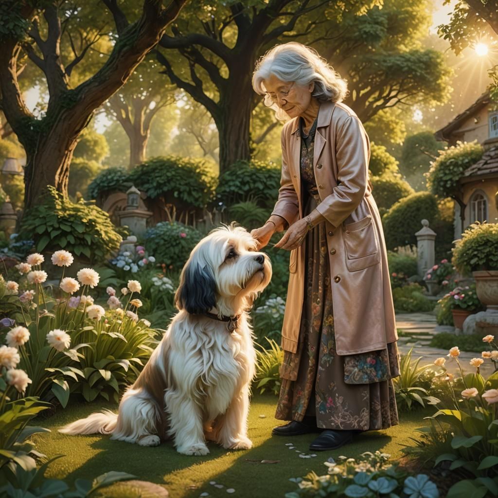 Elderly Woman and Havanese Dog in Garden