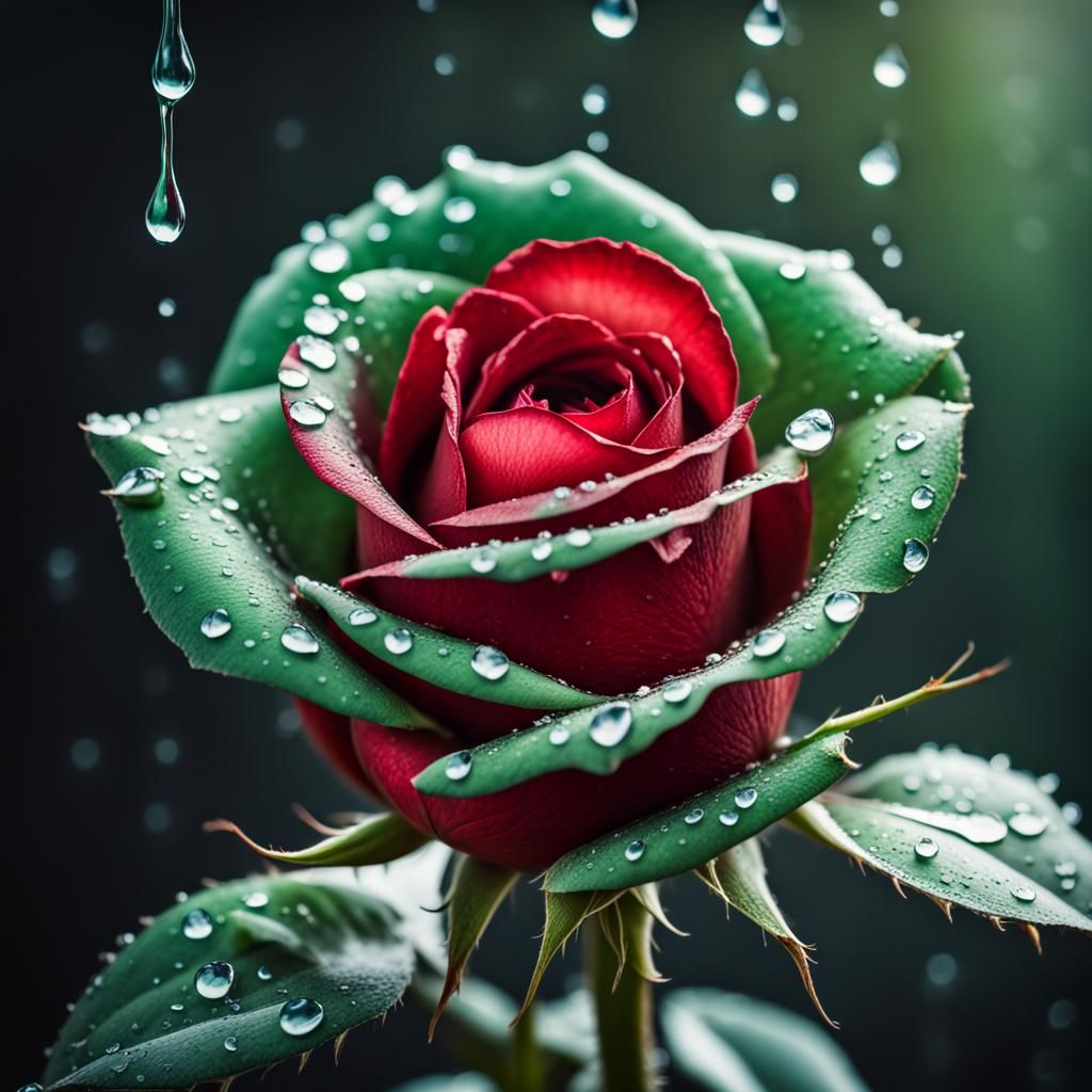 Hyperrealistic Red Rose with Water Droplets