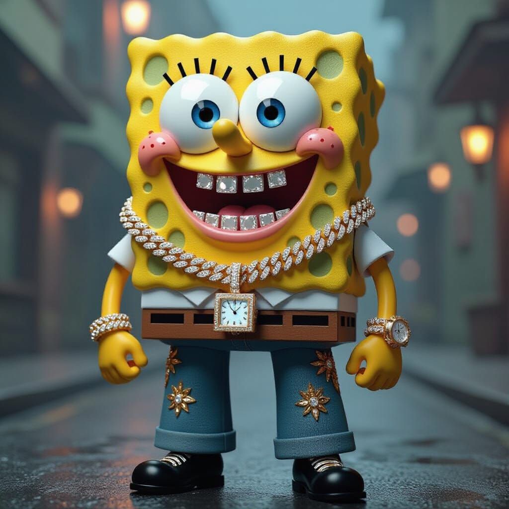 Opulent Spongebob in Cyberpunk Film Still