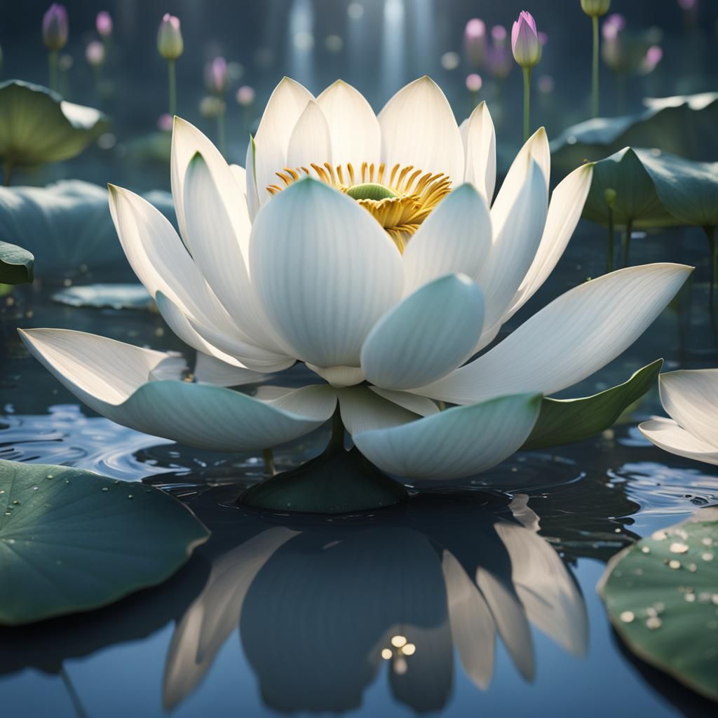 Beautiful White Lotus Flower Detailed Matte Painting