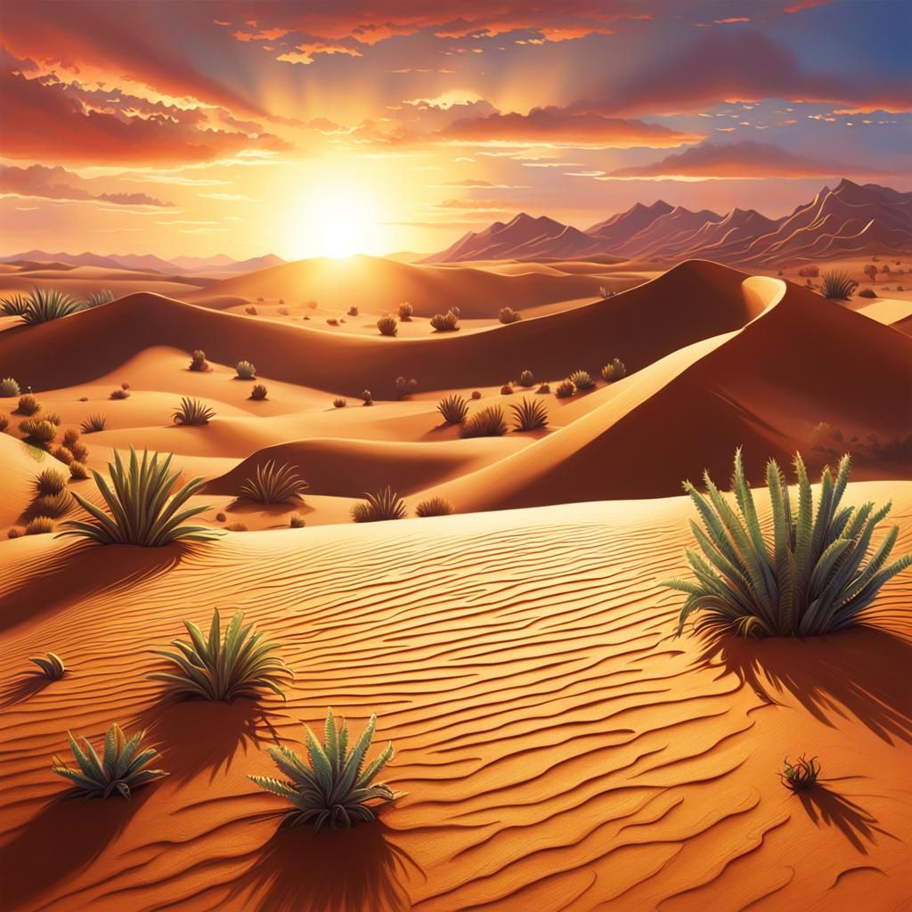 Hyperrealistic Desert Sunrise in Splash Art Style