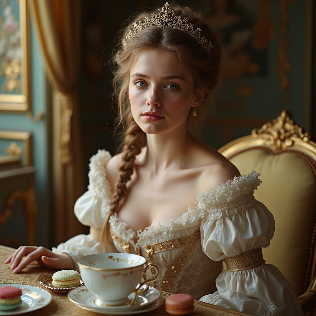 Belle of Versailles Sips Tea with Sinister Gaze