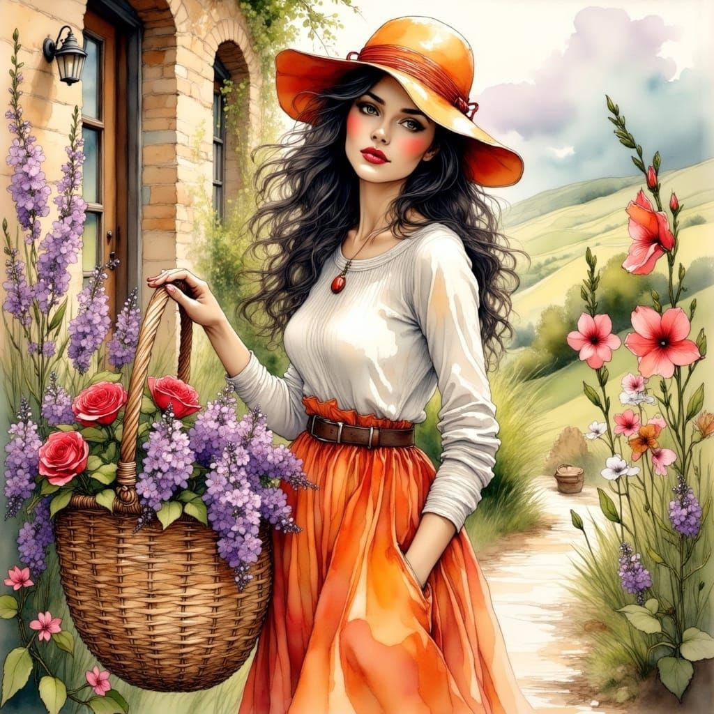 Dreamy Tuscan Woman in a Vibrant Orange Skirt