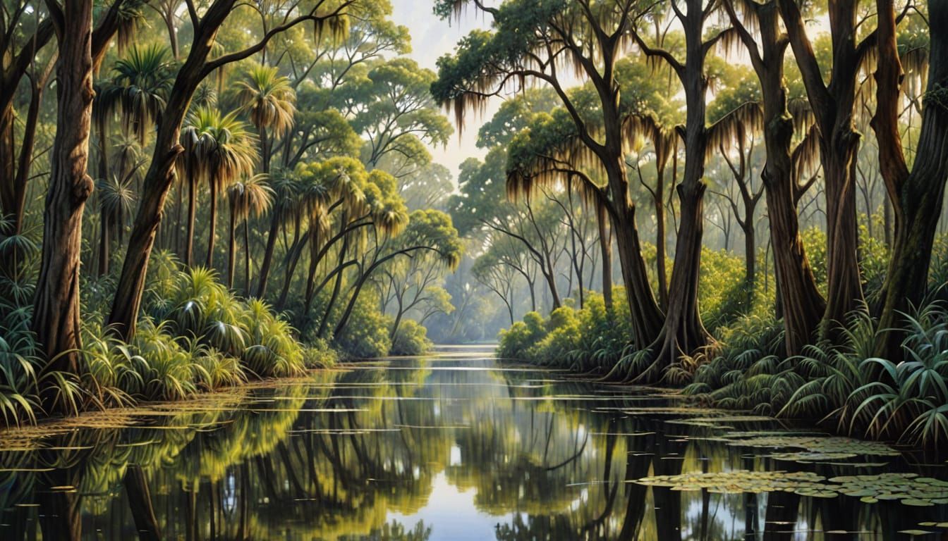 Romantic Watercolor Masterpiece of Bayou Landscape