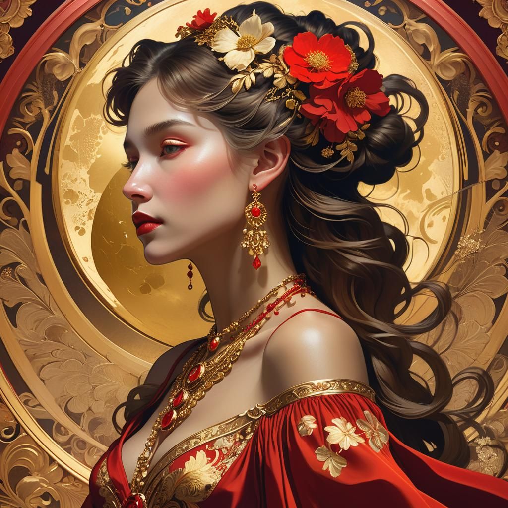 Golden Moonlight Illuminates Baroque Woman in Red
