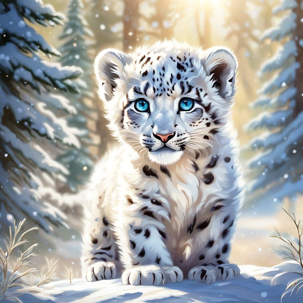 Art Nouveau Snow Leopard Cub in Ethereal Winter Light