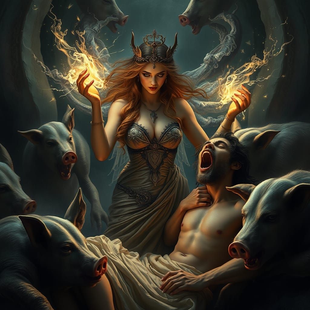 Sorceress Circe Seduces Ulysses in Mystical Scene