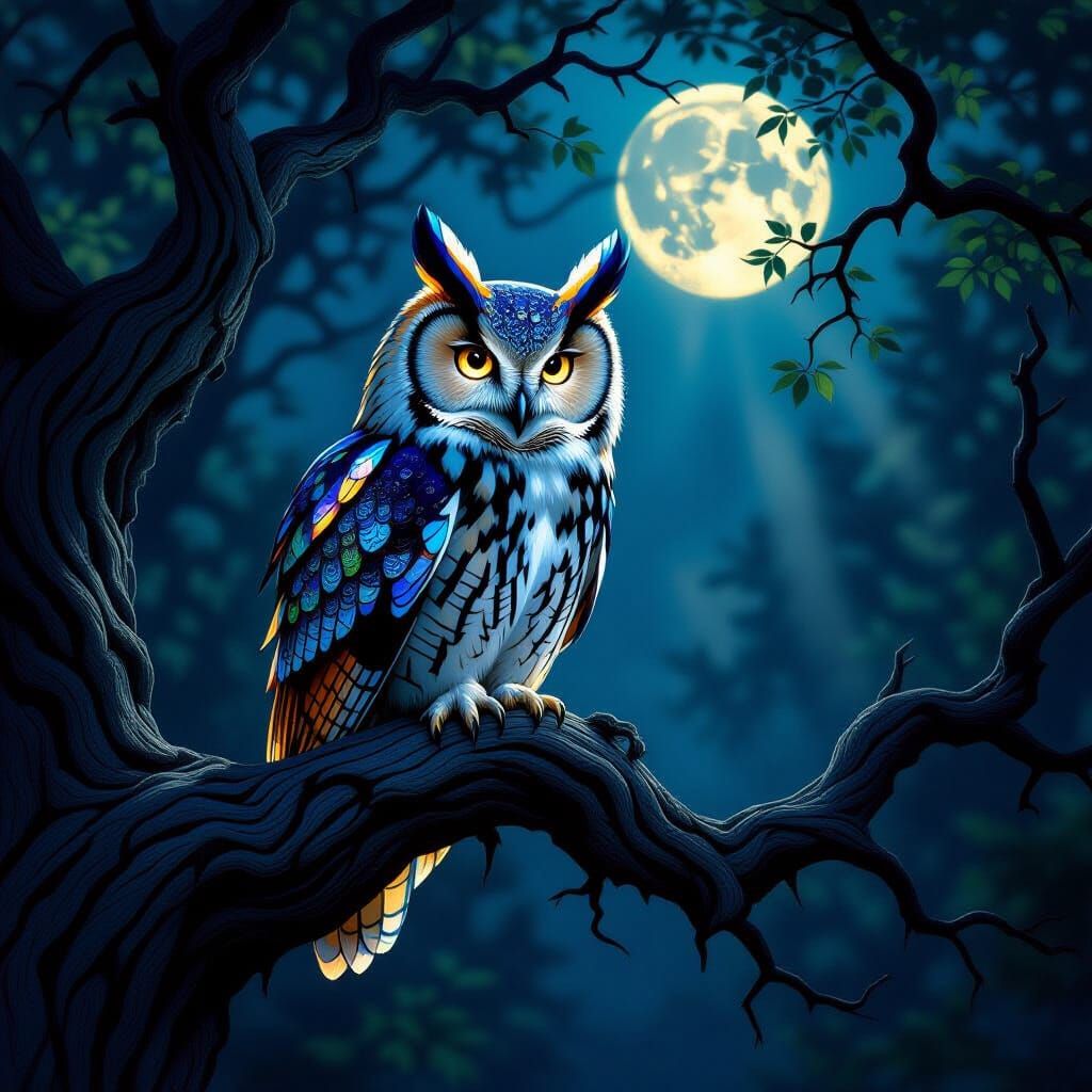 Majestic Stained Glass Owl in Moonlit Forest