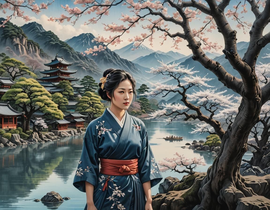 Woman Under Ume Tree: Hyperdetailed Charcoal Drawing