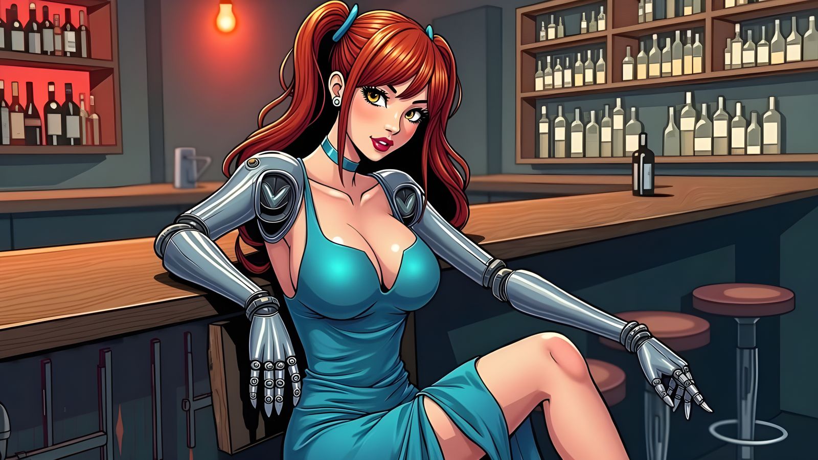 Cyberpunk Cyborg Hostess in Comic Book Style
