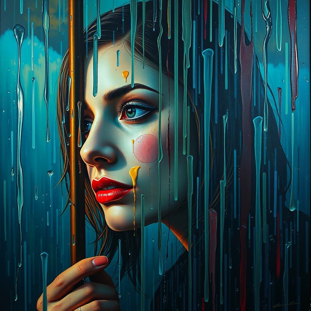 Surreal Melting Figure in Rainy Salvador Dali Style