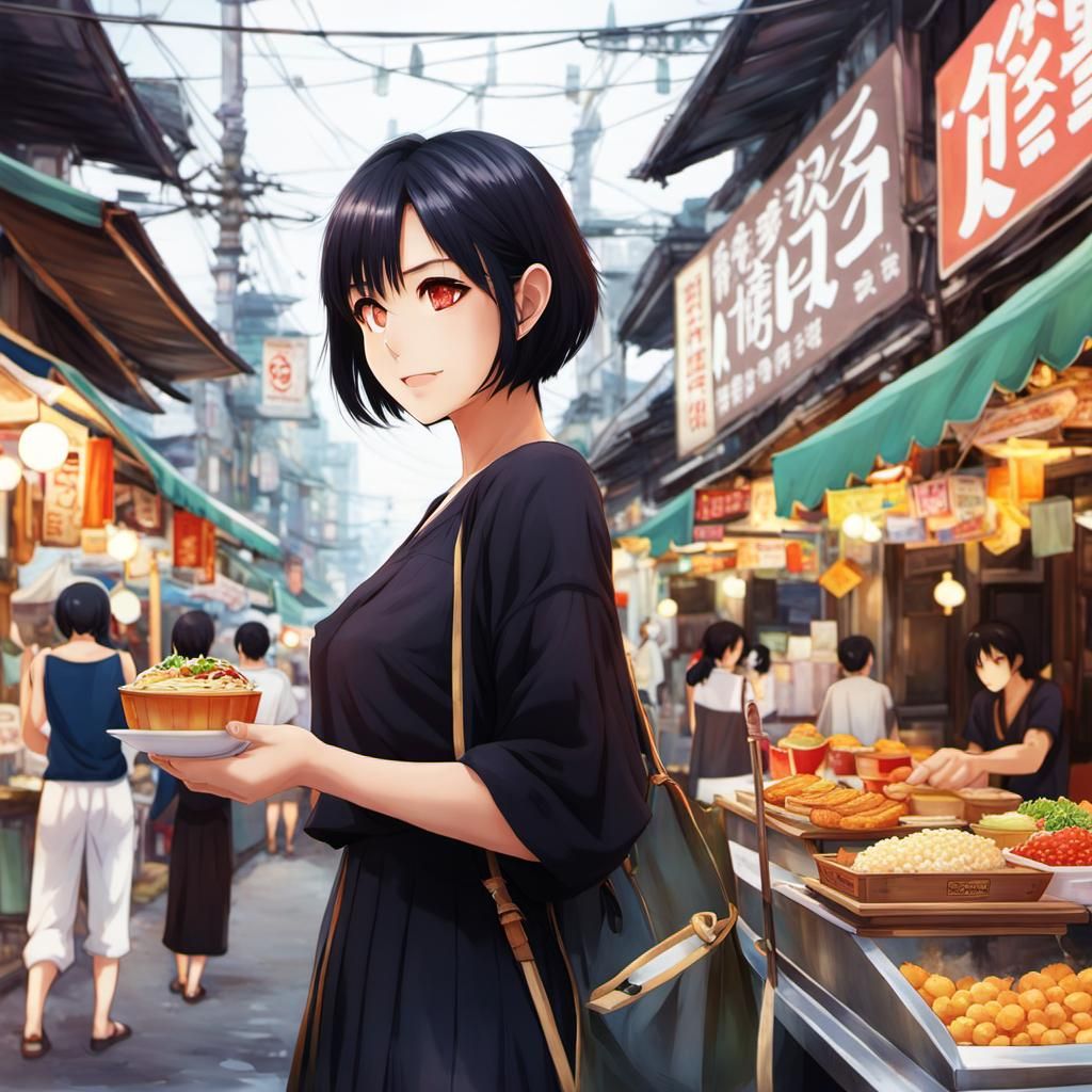 Bangkok Street Scene with Anime-Style Girl
