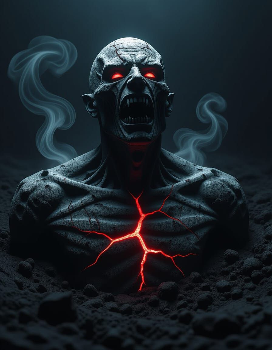 Ancient Vampire Stone Figure with Crimson Cracks in Dark Ear...