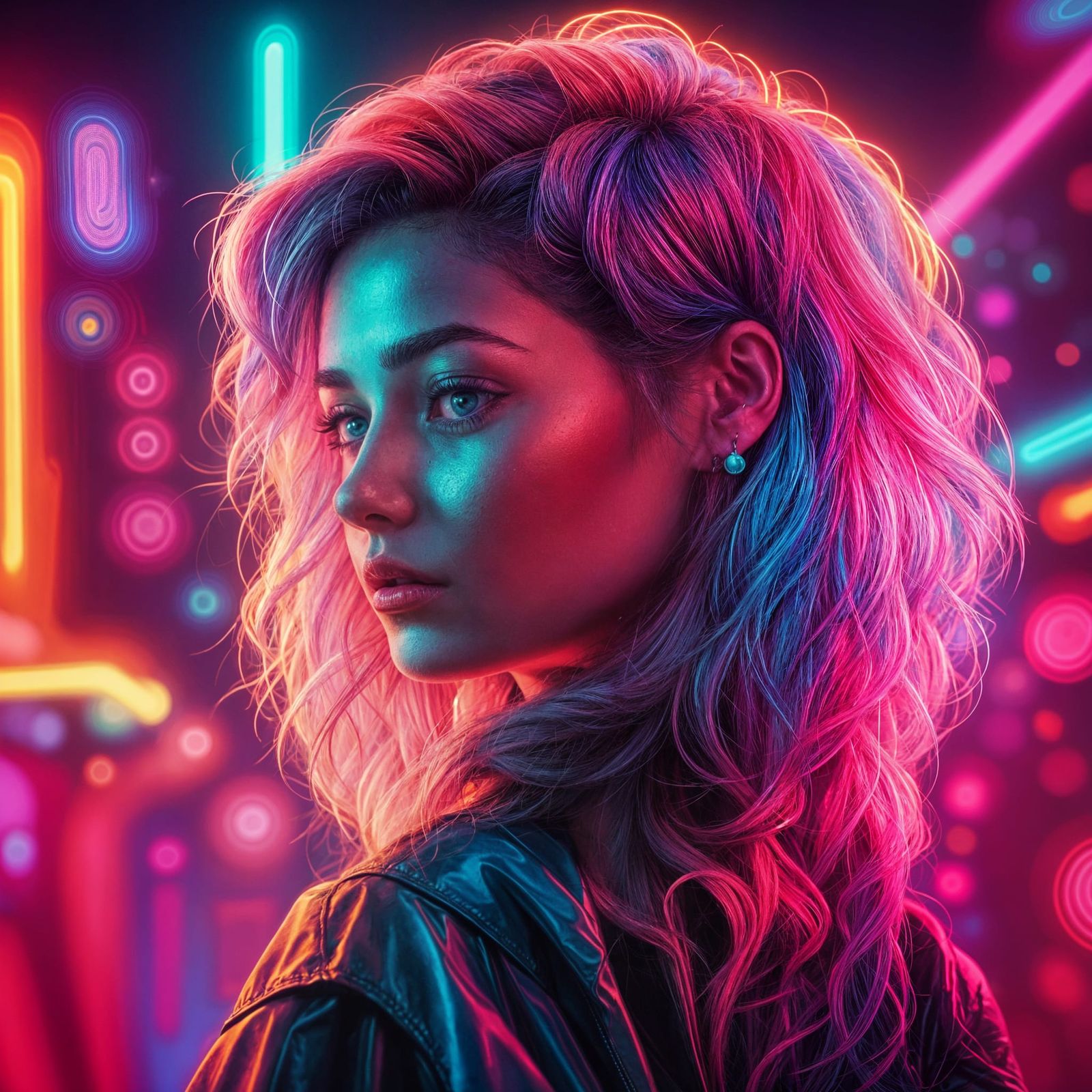Neon Portrait of a Young Woman in Synthwave Style