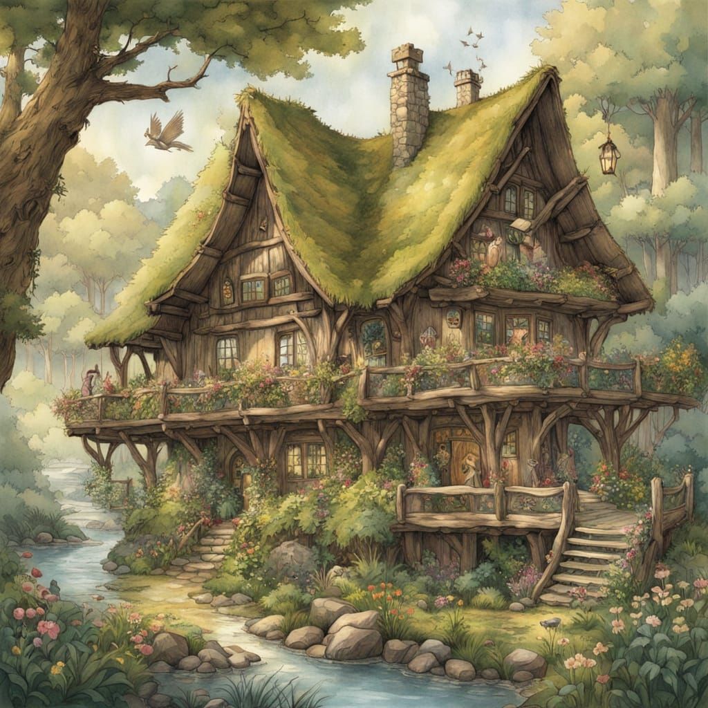 Enchanted Woodland Lodge in Whimsical Illustrative Style