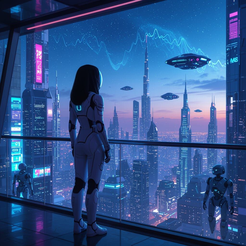 Futuristic Arab Girl Overlooking Sci-Fi City