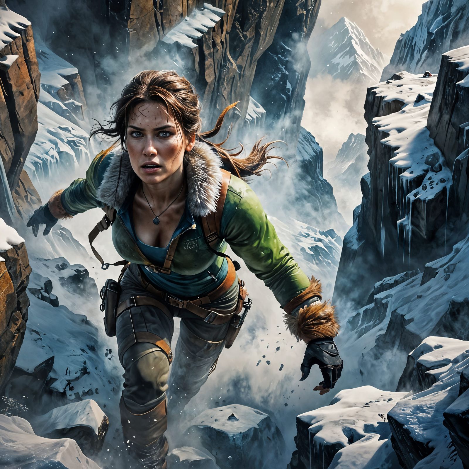 Lara Croft Rock Climbing in Surreal Watercolor