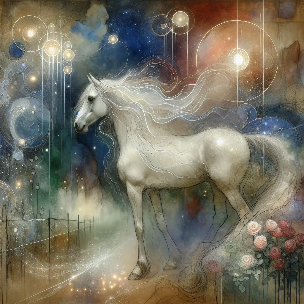 Enchanting White Horse in Dreamy Watercolor Landscape