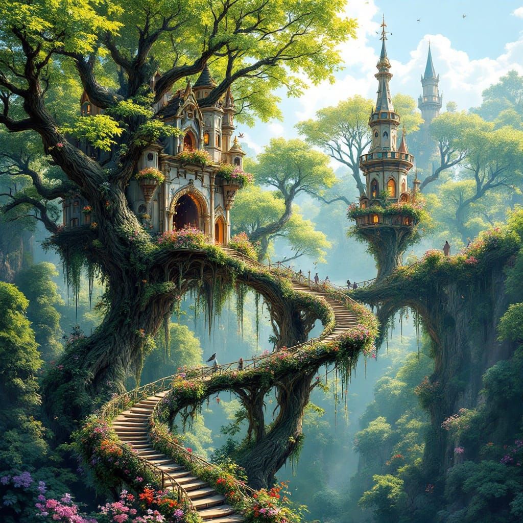 Baroque Tree Castle Amidst Vibrant Green Forest