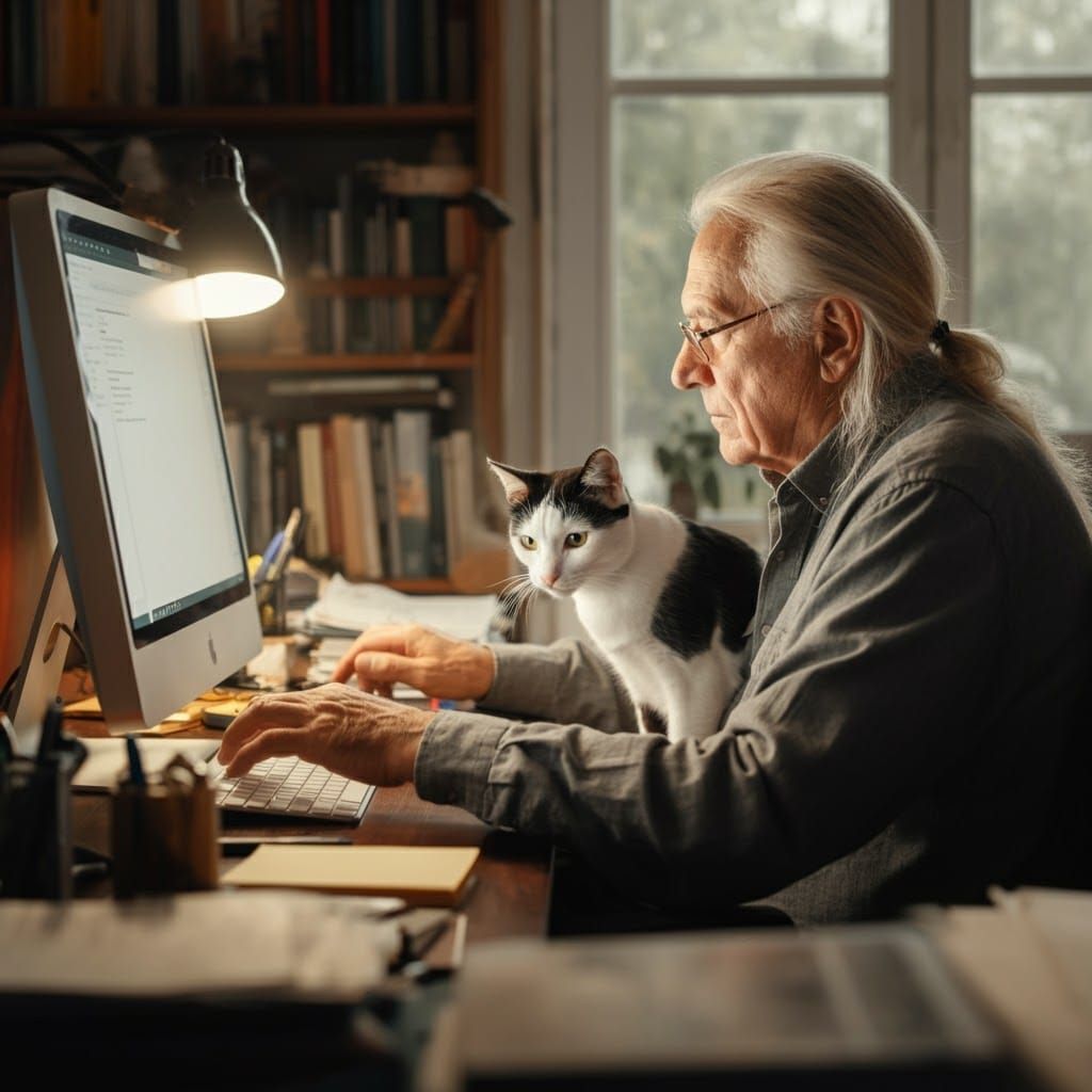 Old Man with Cat Working at Computer