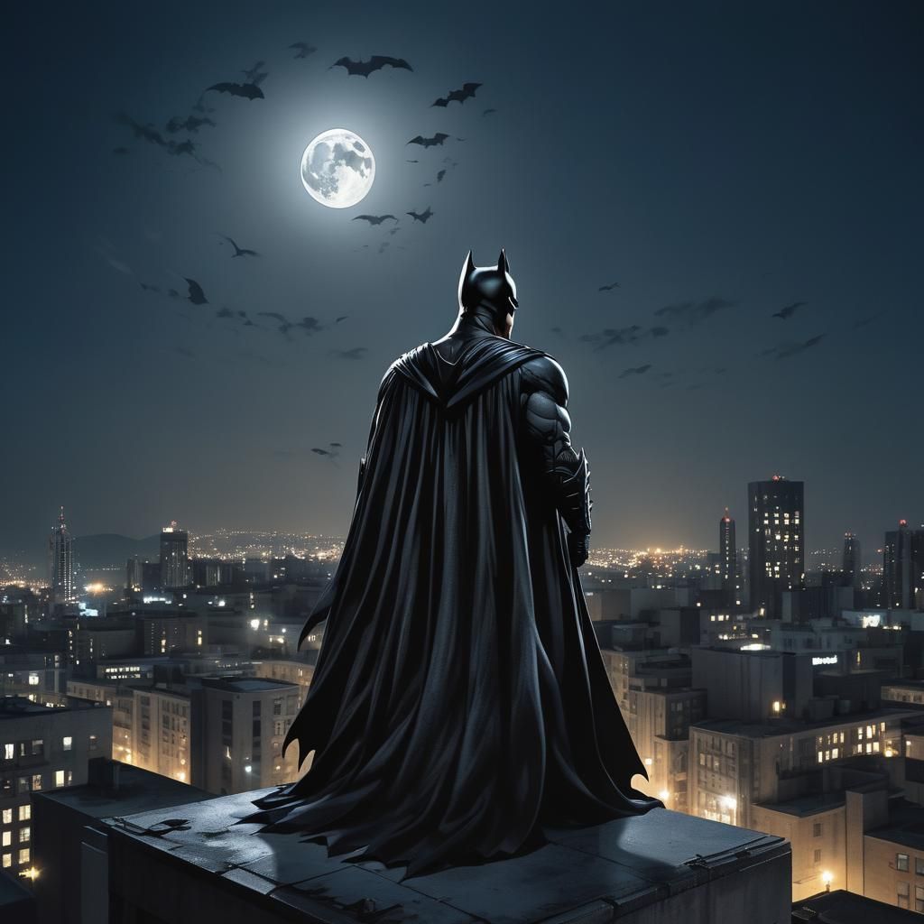 Realistic Batman on Gotham Rooftop at Night
