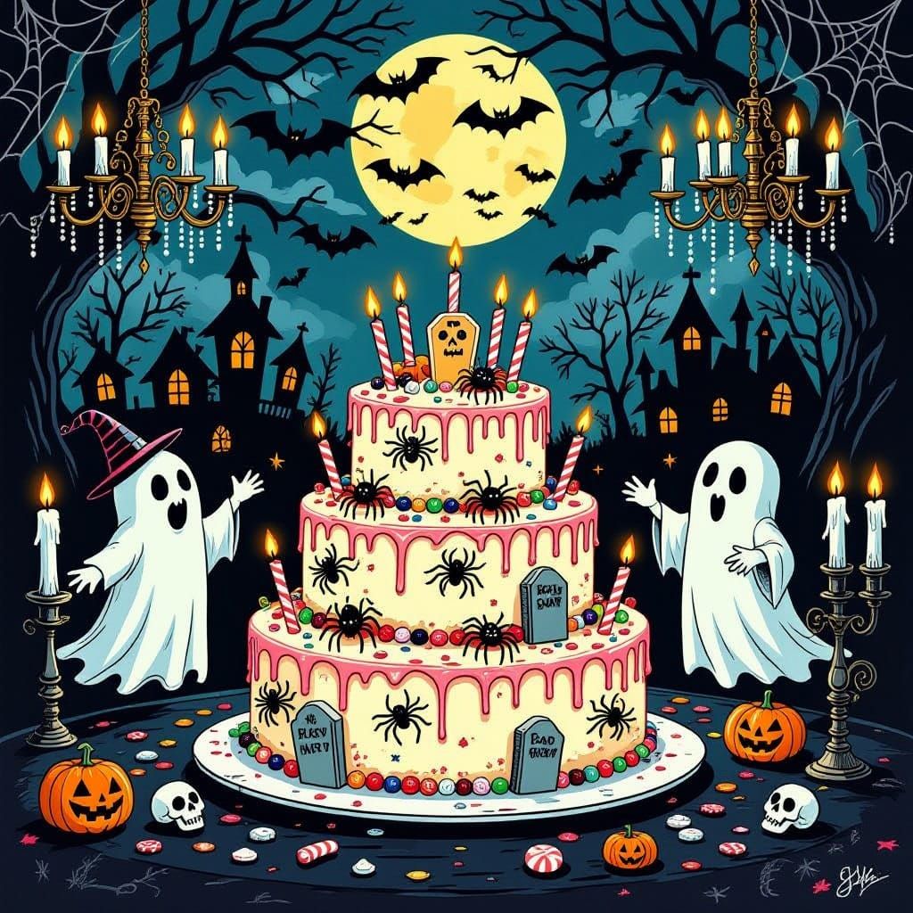 Haunted Birthday Party Illustration in Dark Fantasy Style