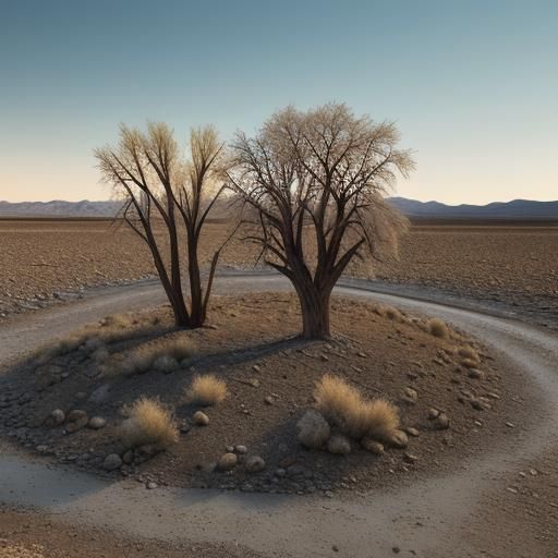 Arid Landscape with Two Trees in Golden Light