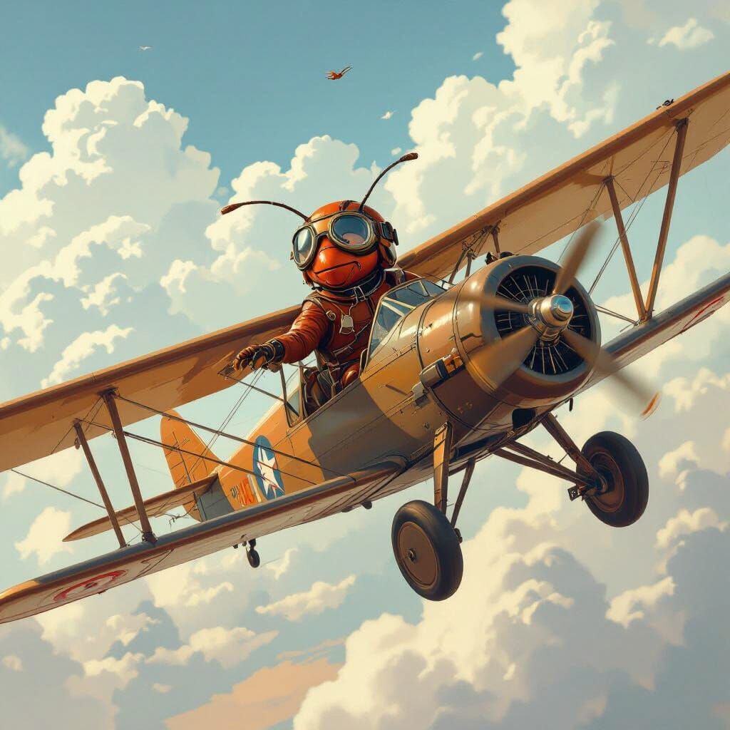 Ant Pilot Soaring in Vintage Biplane