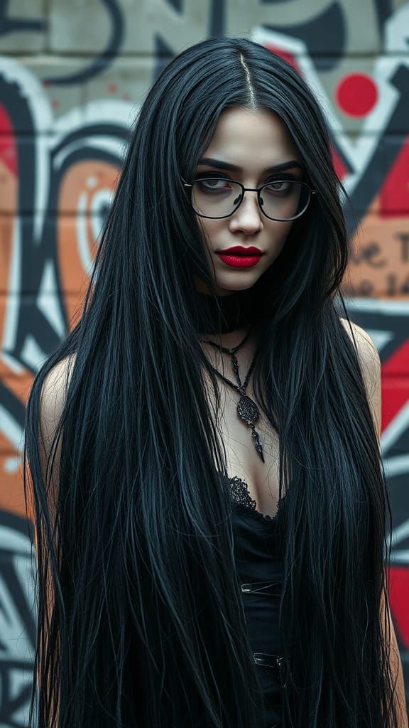 Alluring Gothic lady made of threads,. Long  flowing hair is covering her body , perfect composition. Perfect body, Dark...