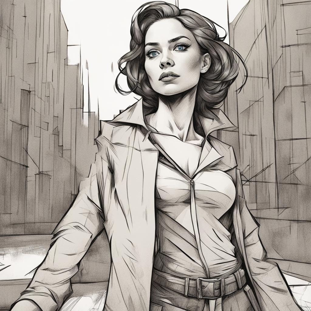 Woman in Comic Book Style with Charcoal Line Art