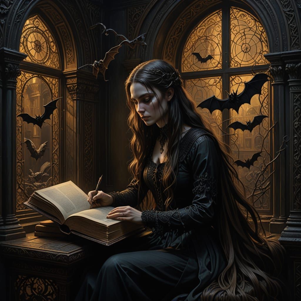 Graceful Woman with Bat Reading in Gothic Academia Style