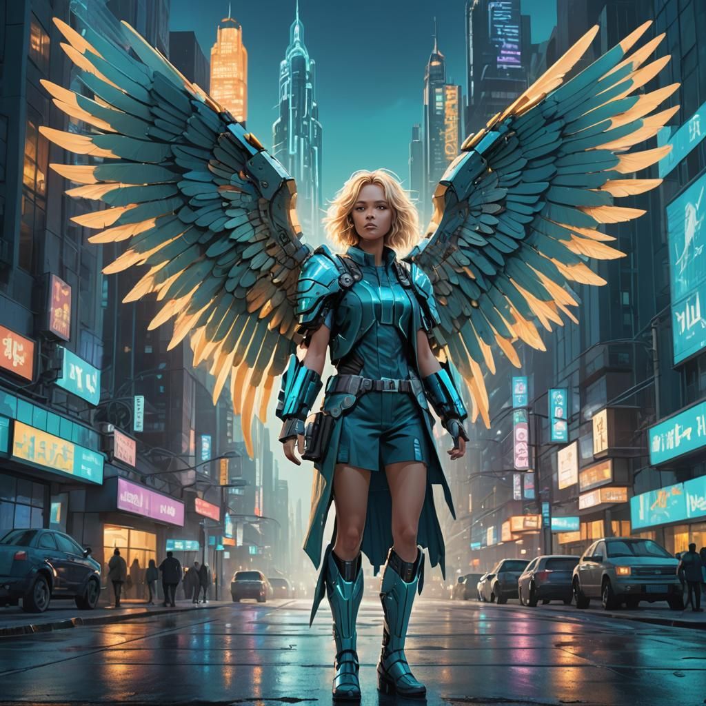Blond Woman with Mechanical Wings in Tech City