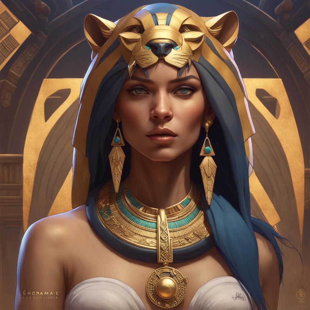 Egyptian Lion Goddess Portrait in Art Nouveau Style