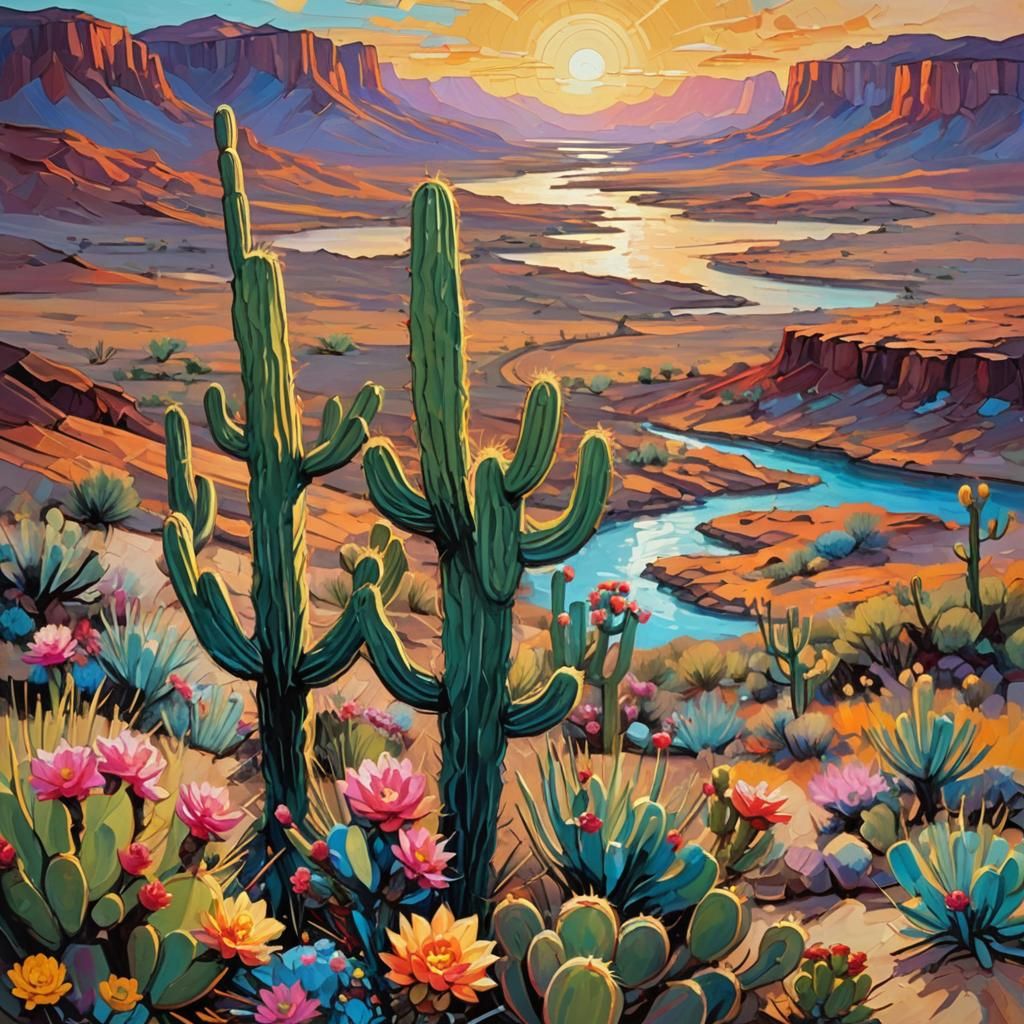 Vibrant Expressionist Landscape with Seguro Cactus and Deser...