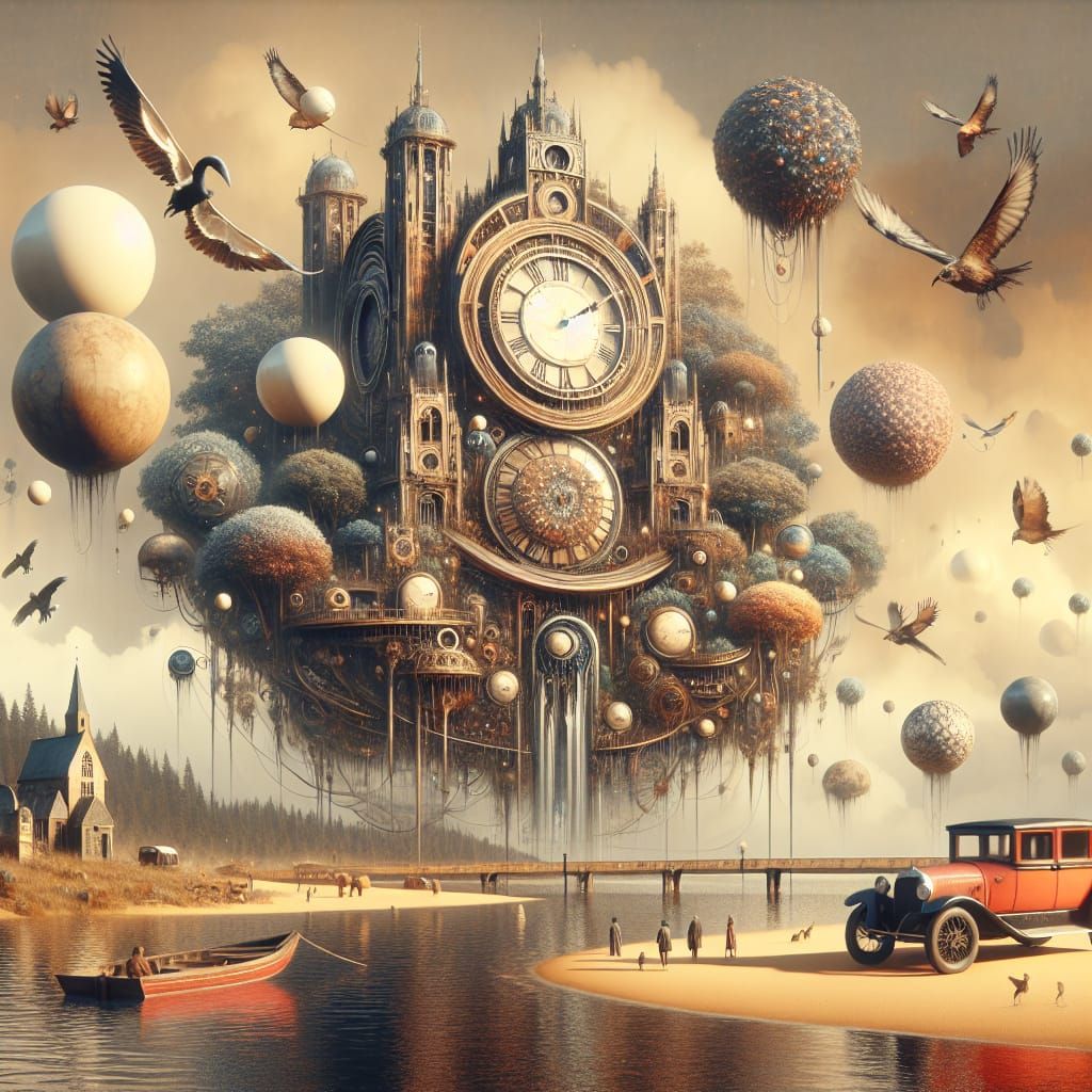 Surreal Steampunk Clock Tower Landscape with Floating Sphere...