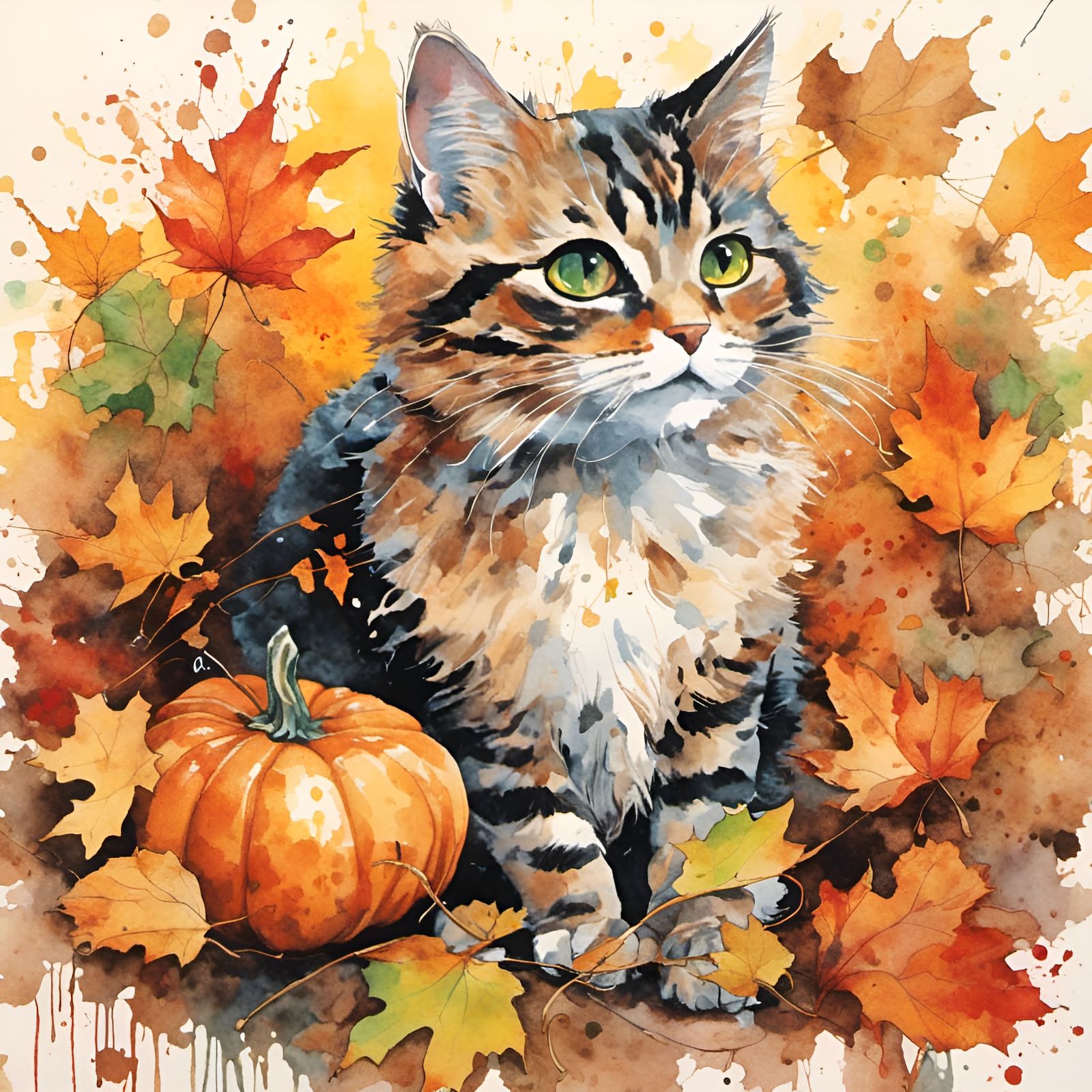 Watercolor Pumpkin Cat on Autumn Leaves