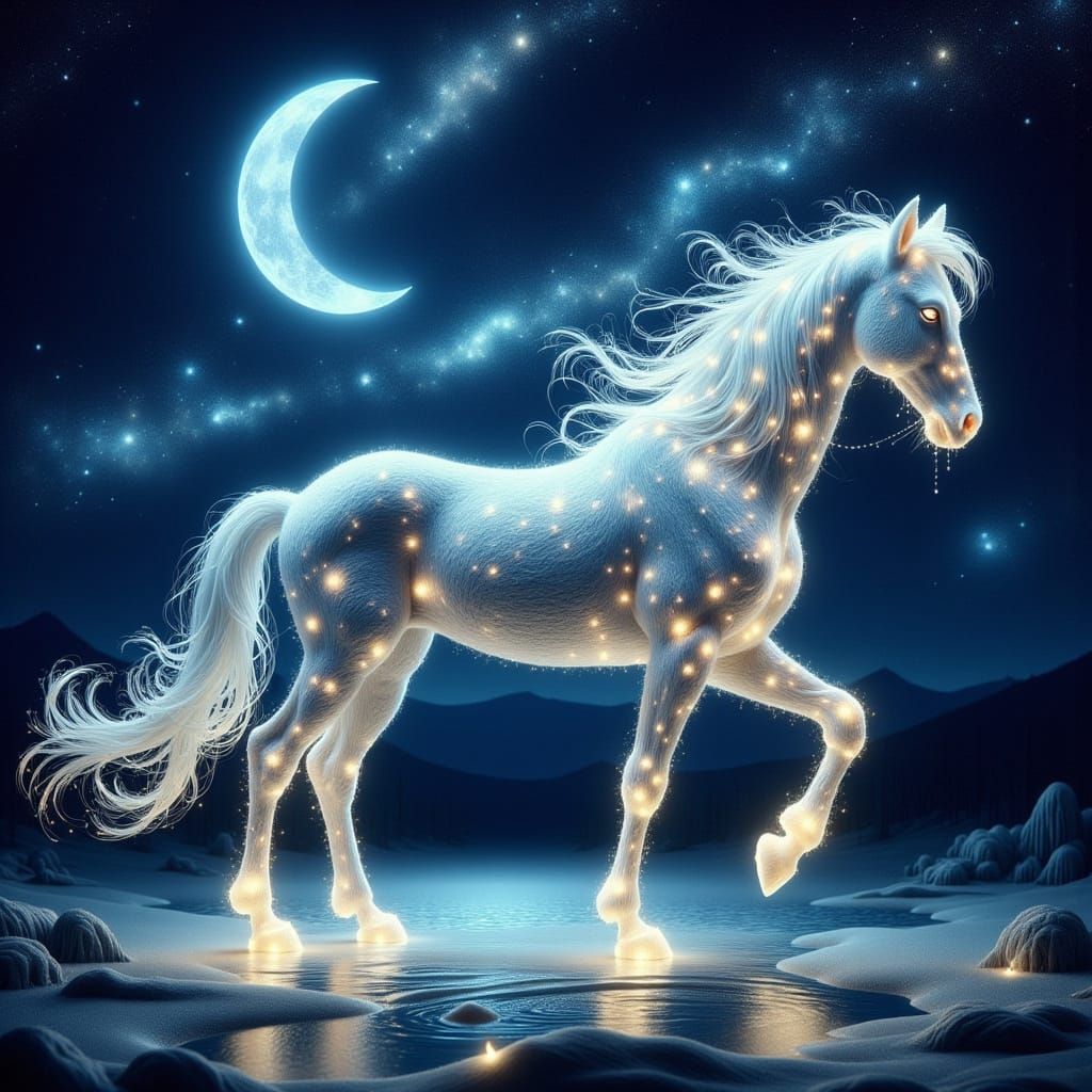 Majestic Winged Horse Soars Under Starry Night Sky