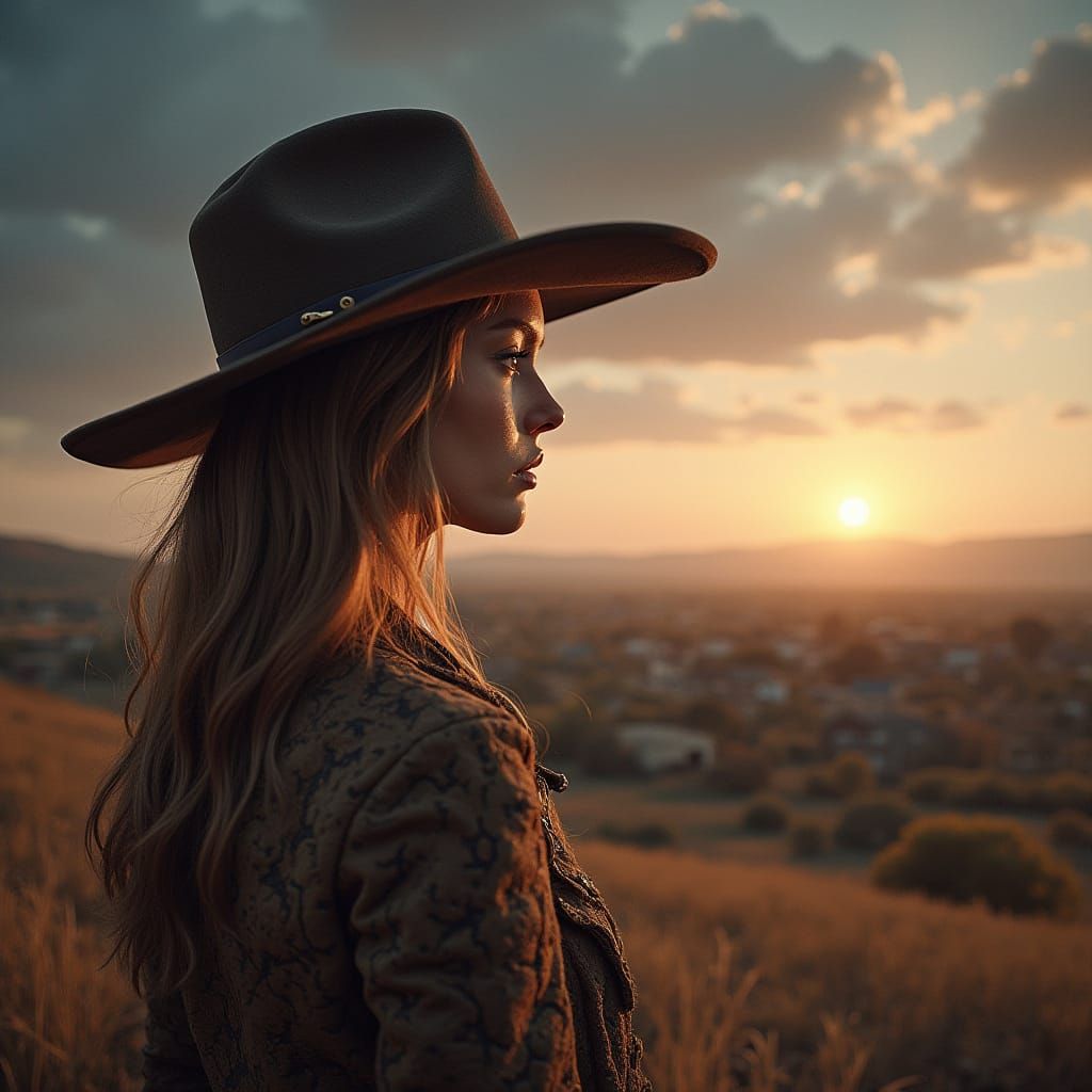 Woman Wearing Small Town as Hat in Epic Space Backdrop