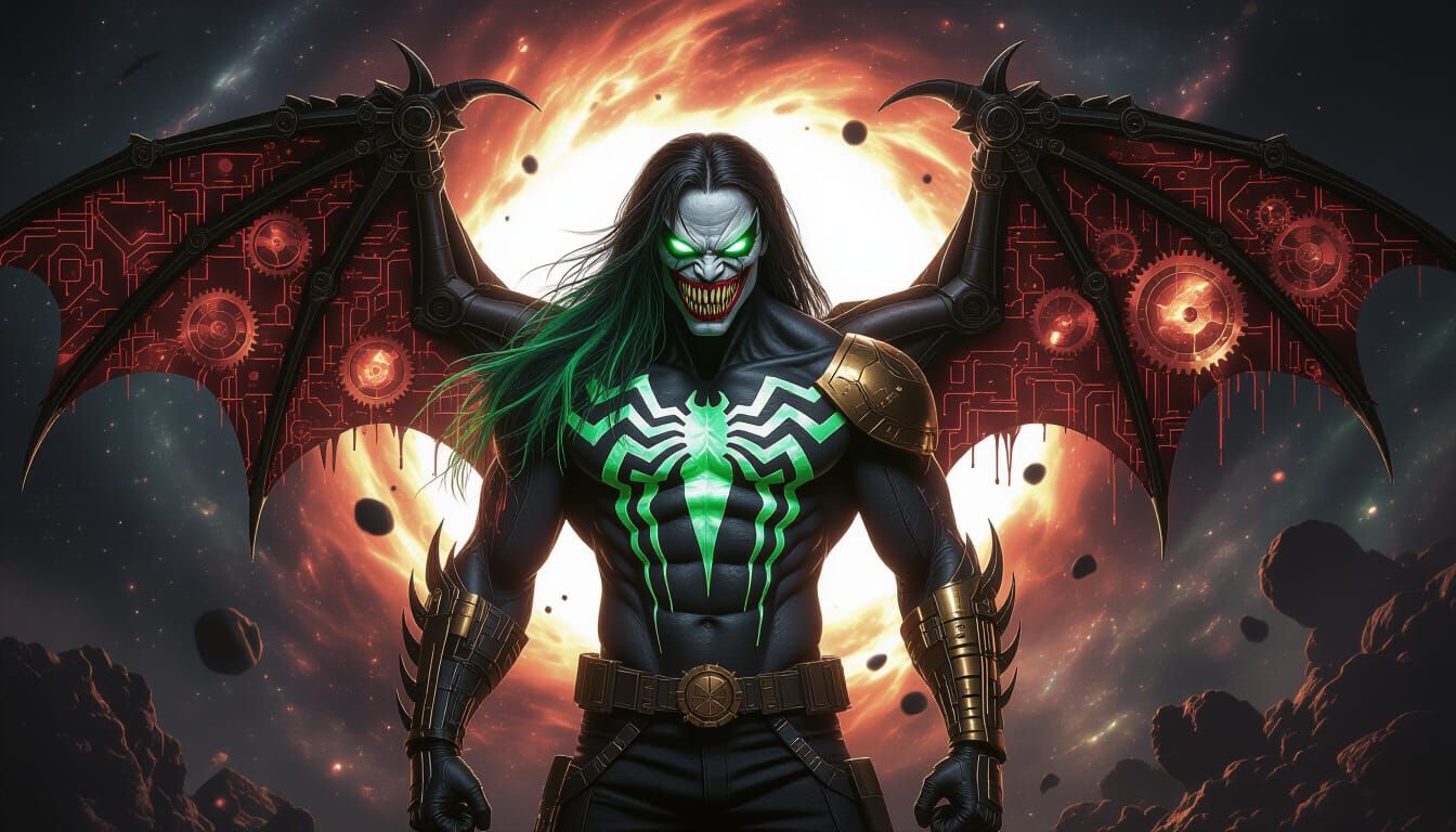 Cyberpunk Steampunk Venom Hybrid with Mechanical Wing