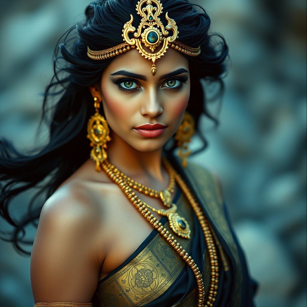Ethereal Indian Goddess in Golden Saree with Piercing Green ...