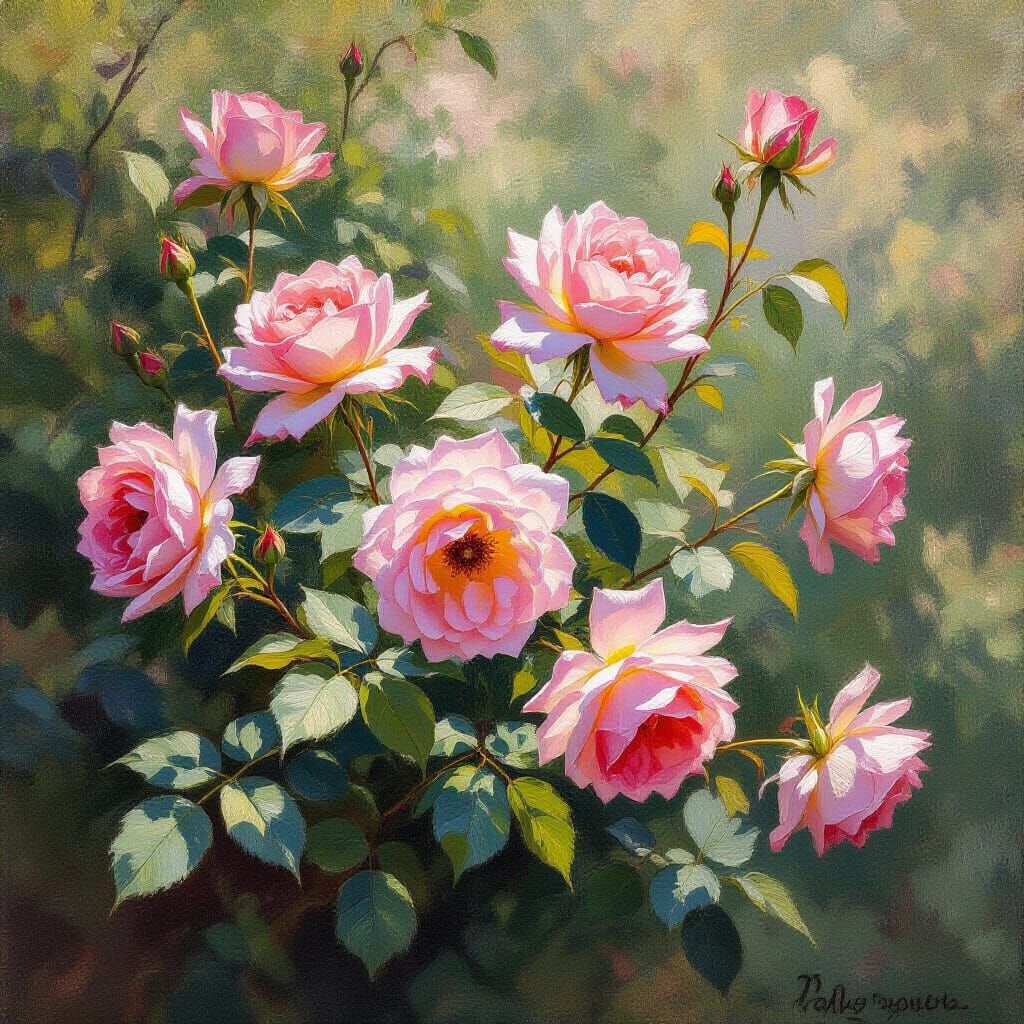 Roses Blooming in Lush Garden: Impressionist Style
