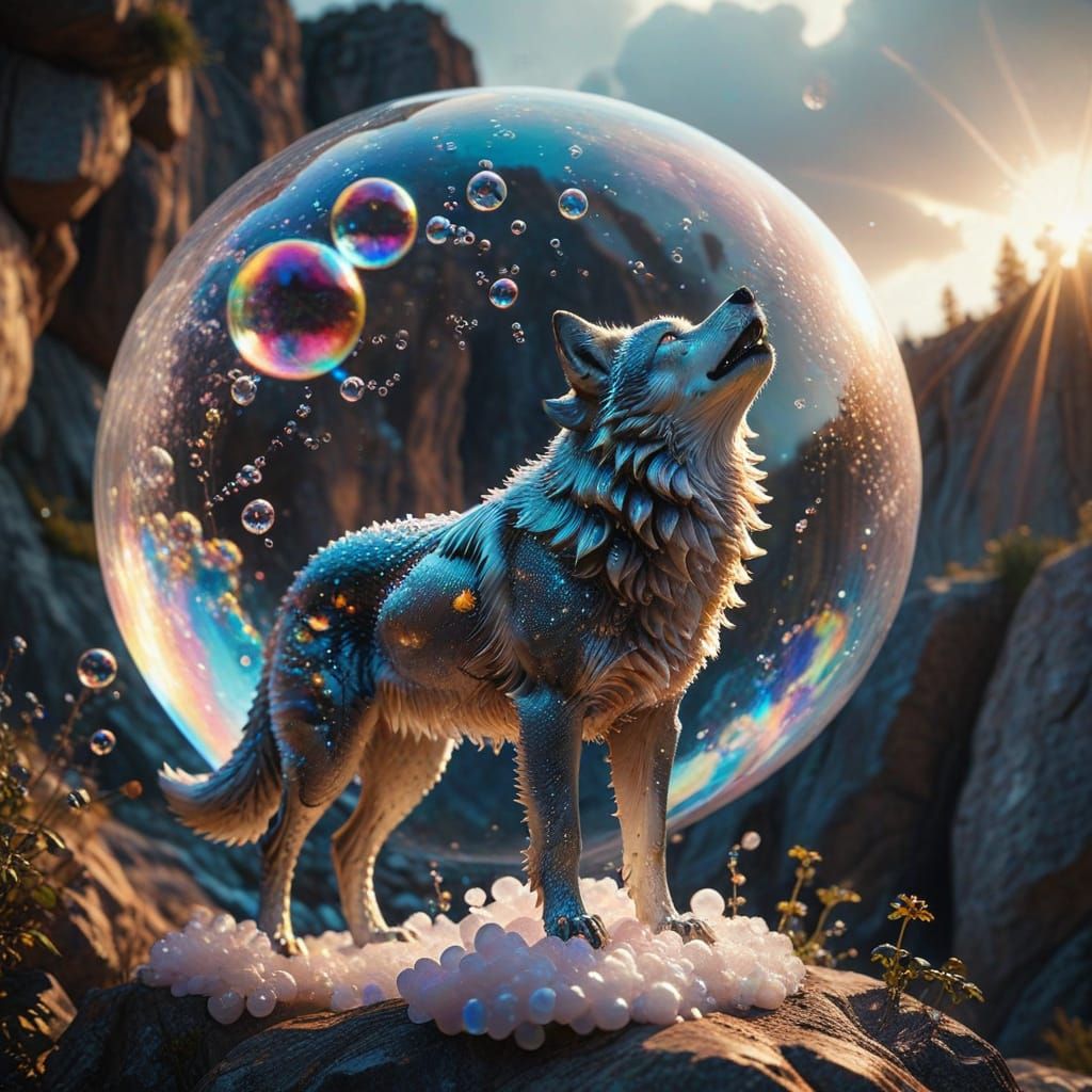 Iridescent Bubble Wolf on a Cliff, Digital Art