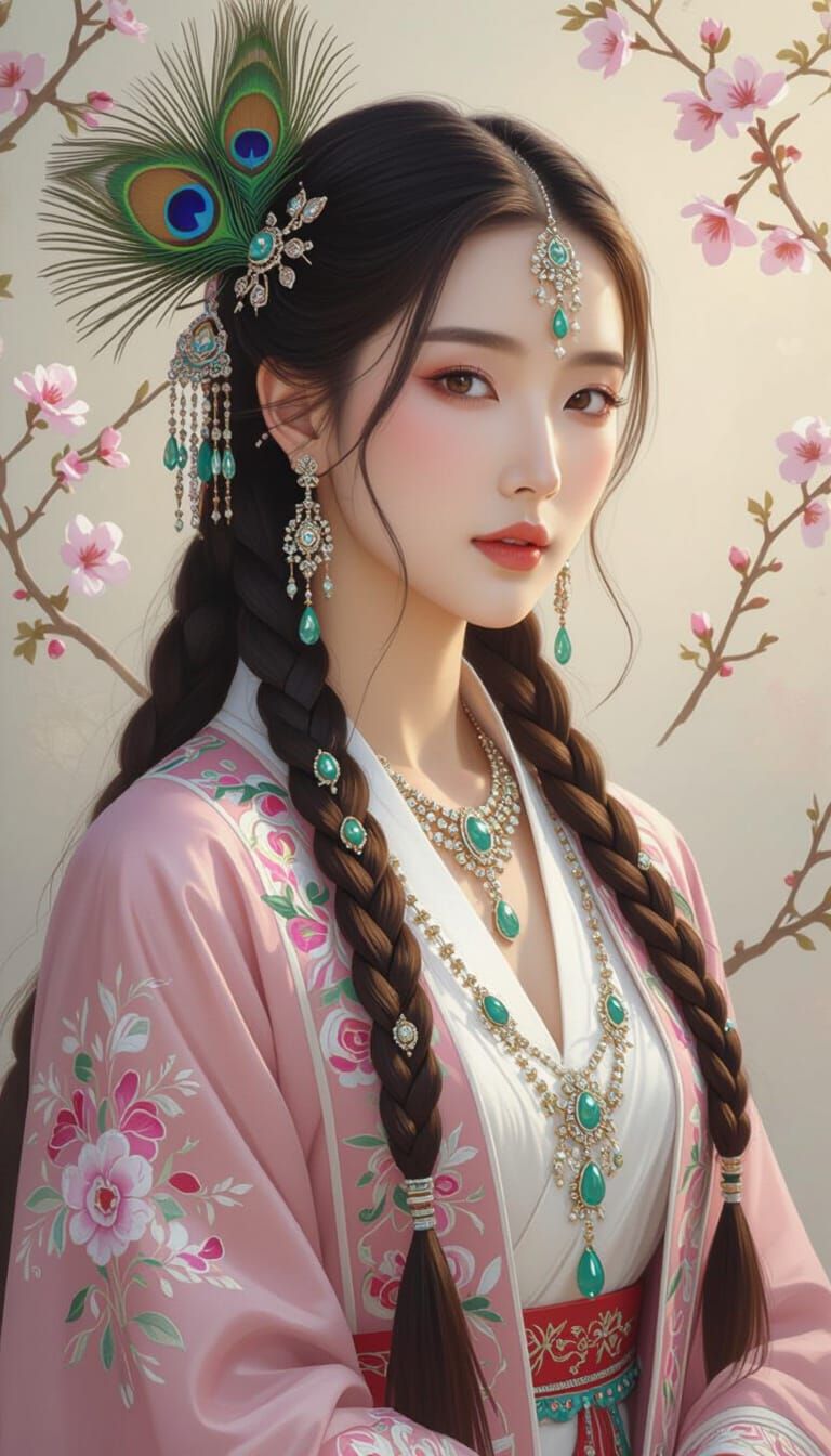 Ornate Oil Painting of Korean Woman with Braids