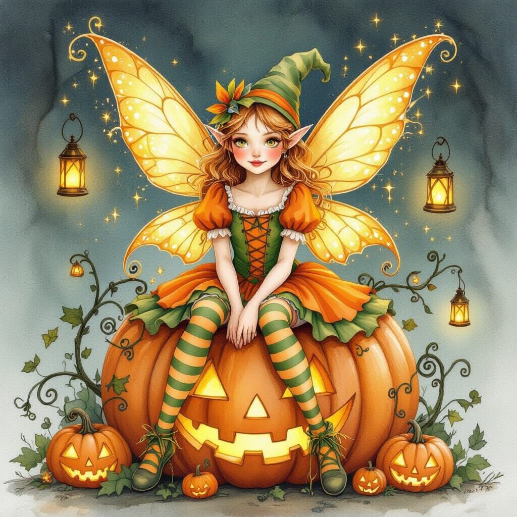 Fairy Witch on Pumpkin in Watercolor Style