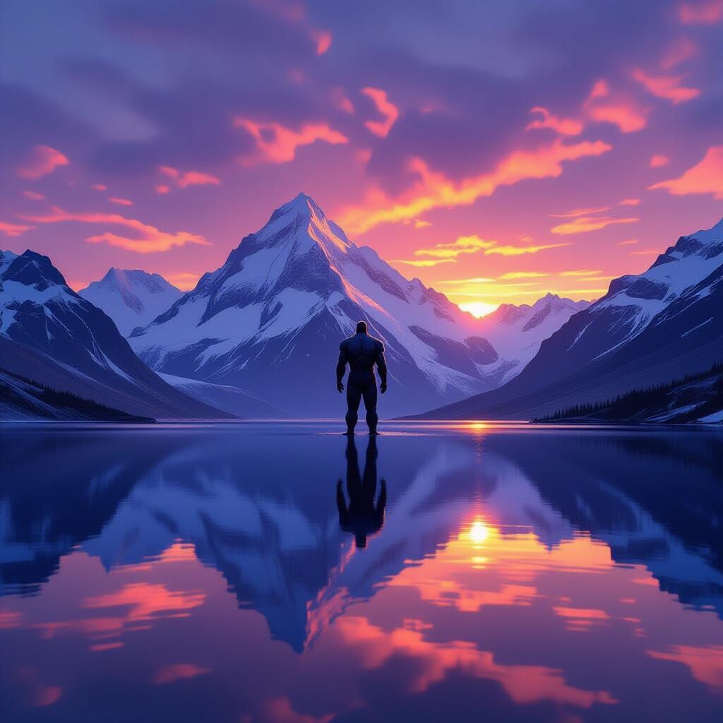 Giant Figure in Sunset Mountain Lake Landscape