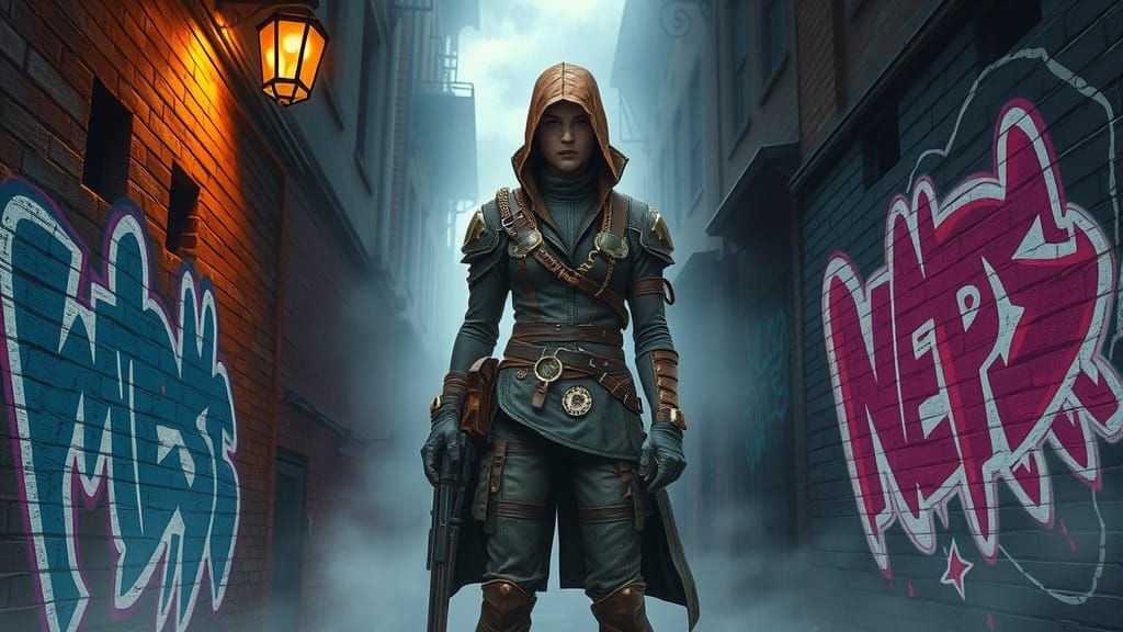 Rebellious Steampunk Figure in Foggy Alleyway