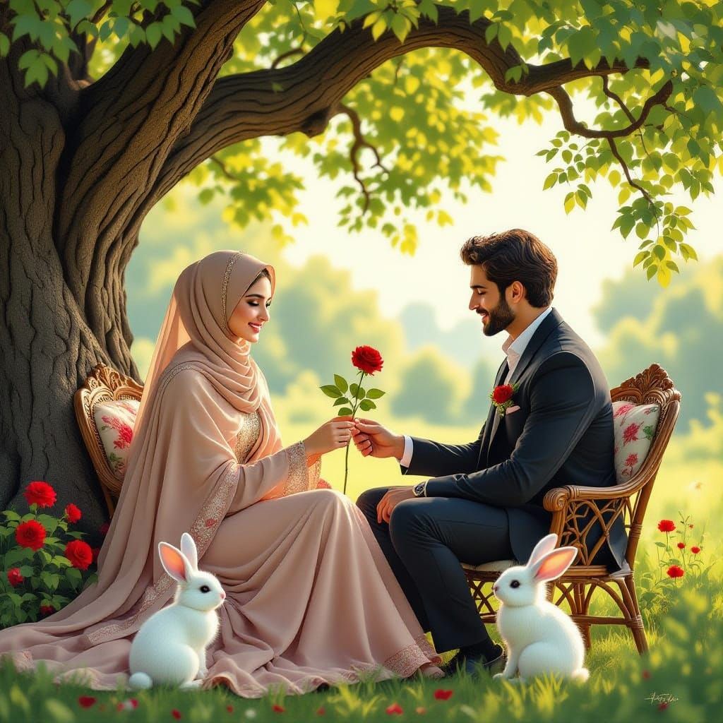 Romantic Garden Scene: Woman Accepts Rose from Man