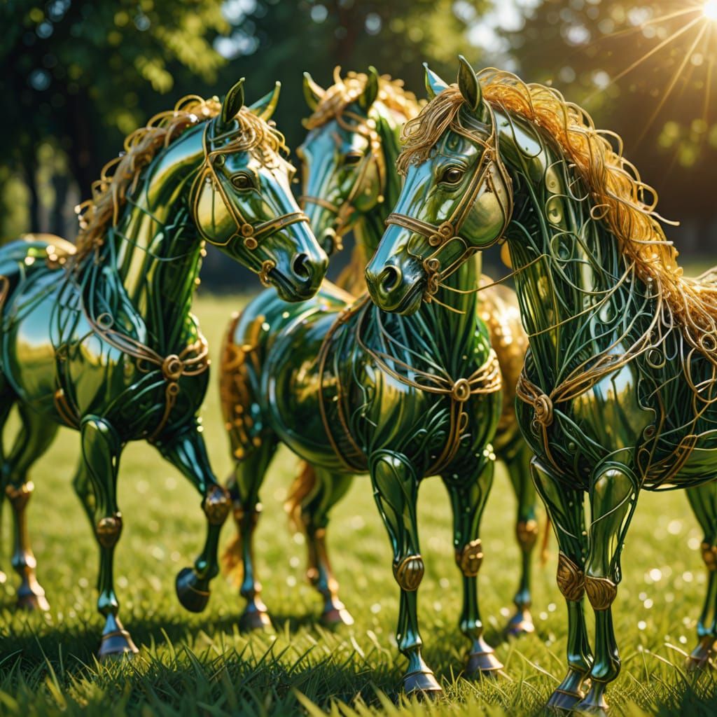 Surreal Wire Horses in a Golden Oil Painting