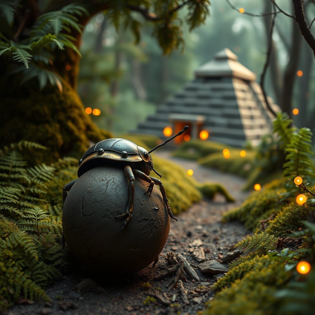 Armored Beetle Rolls Dirtball to Pyramid