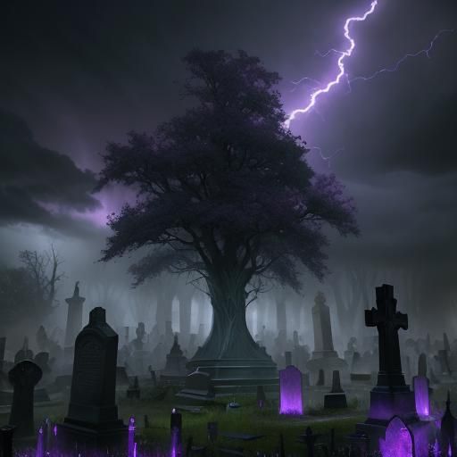Haunted Cemetery in Lightning Storm, Dark Fantasy Art